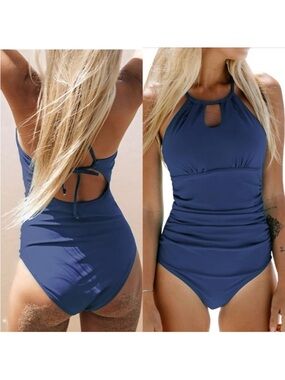 Cupshe Navy Blue Halter-Keyhole One-Piece Swimsuit